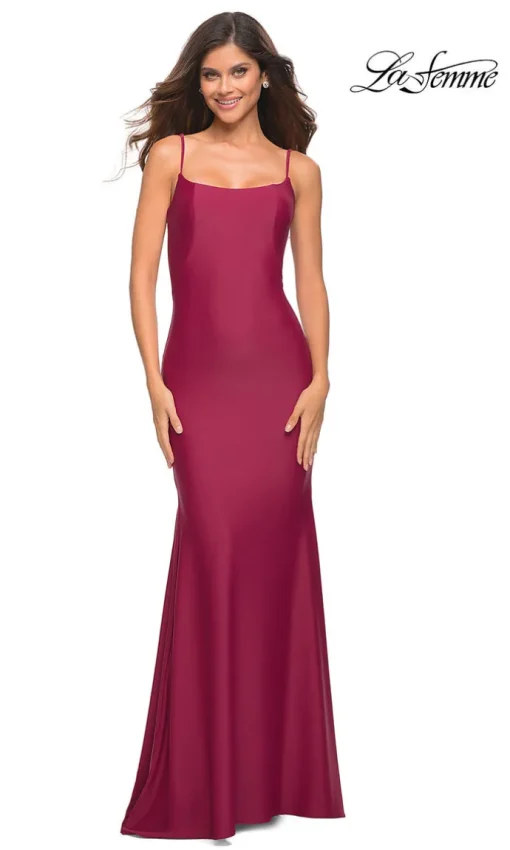 Low V-Back La Femme Long Prom Dress with Train