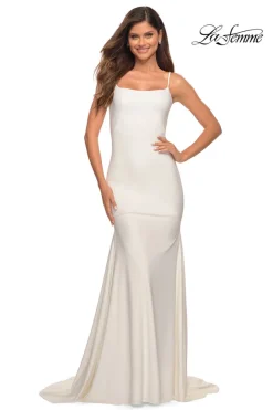 Low V-Back La Femme Long Prom Dress with Train