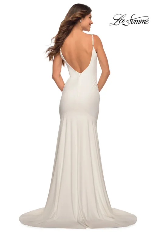 Low V-Back La Femme Long Prom Dress with Train