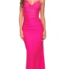 Neon Pink Long La Femme Rhinestone Prom Dress