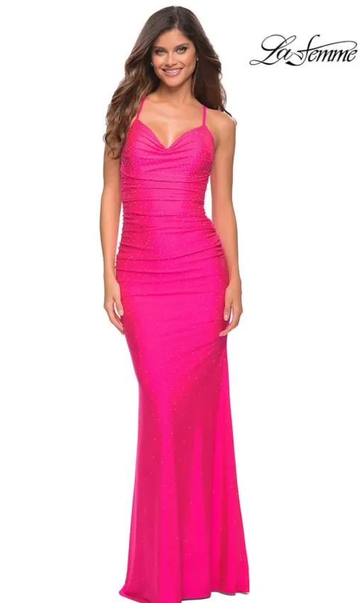 Neon Pink Long La Femme Rhinestone Prom Dress