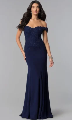 Off-Shoulder Beaded Lace-Bodice Long Formal Dress