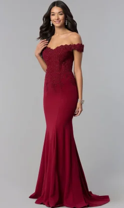 Off-Shoulder Beaded Lace-Bodice Long Formal Dress
