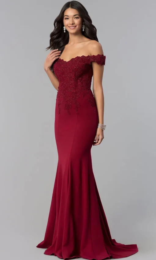Off-Shoulder Beaded Lace-Bodice Long Formal Dress