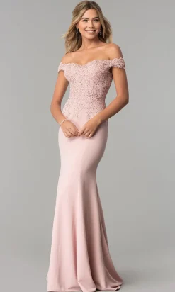 Off-Shoulder Beaded Lace-Bodice Long Formal Dress