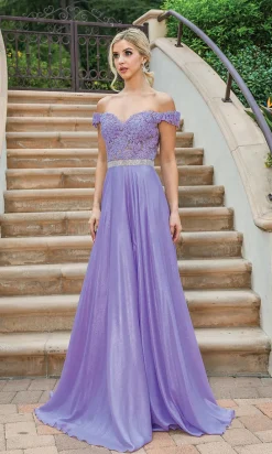 Off-the-Shoulder Long Metallic A-Line Prom Dress