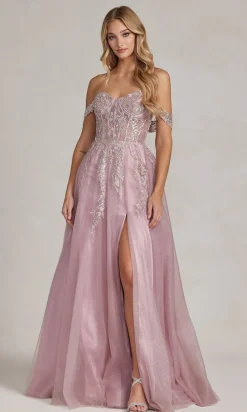 Off-the-Shoulder Rose Pink Sheer-Corset Ball Gown