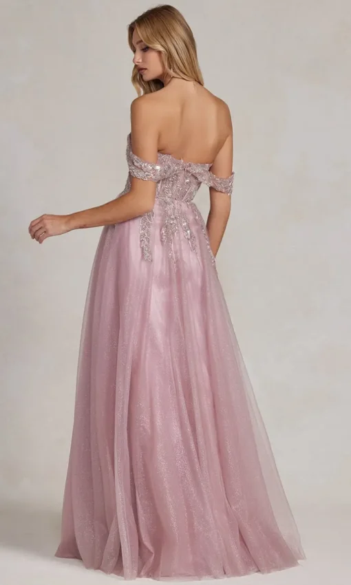 Off-the-Shoulder Rose Pink Sheer-Corset Ball Gown