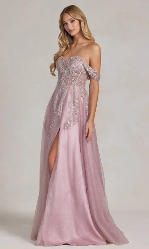 Off-the-Shoulder Rose Pink Sheer-Corset Ball Gown