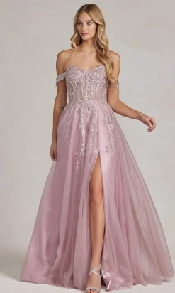 Off-the-Shoulder Rose Pink Sheer-Corset Ball Gown