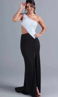 One-Shoulder Black and White Long Formal Dress
