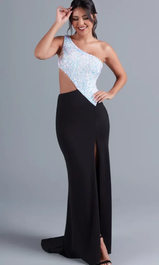 One-Shoulder Black and White Long Formal Dress