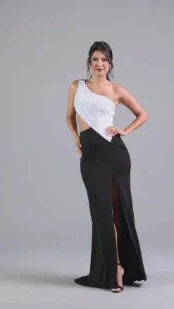 One-Shoulder Black and White Long Formal Dress