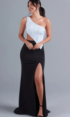 One-Shoulder Black and White Long Formal Dress