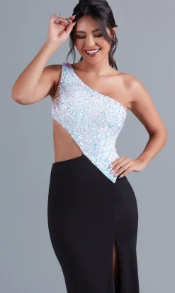 One-Shoulder Black and White Long Formal Dress