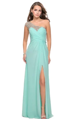 One-Shoulder Long La Femme Lace-Back Prom Dress