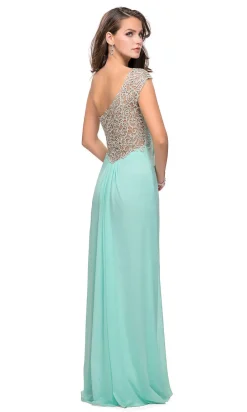 One-Shoulder Long La Femme Lace-Back Prom Dress