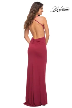 Open-Back La Femme Long Ruched-Waist Prom Dress