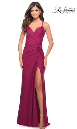 Open-Back La Femme Long Ruched-Waist Prom Dress