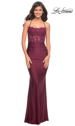 Open-Back Sheer-Waist Long La Femme Prom Dress