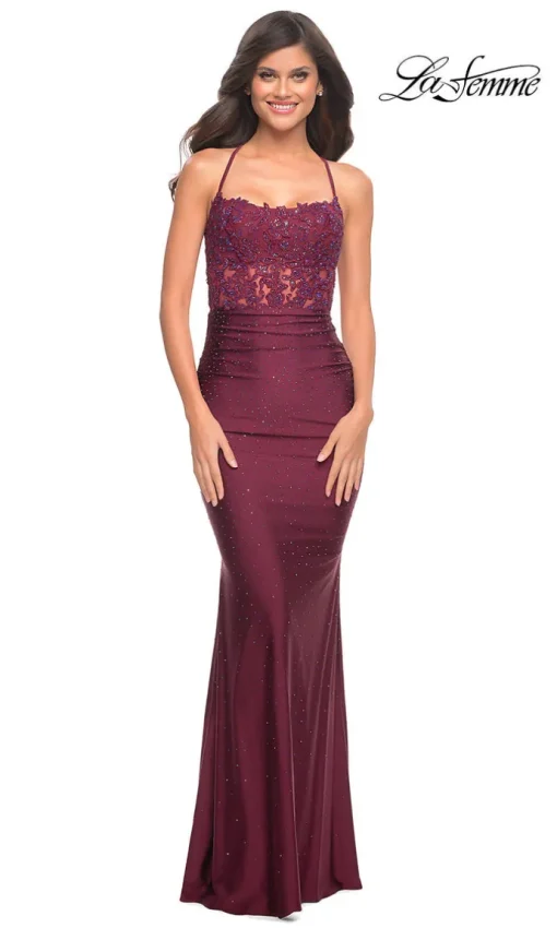 Open-Back Sheer-Waist Long La Femme Prom Dress