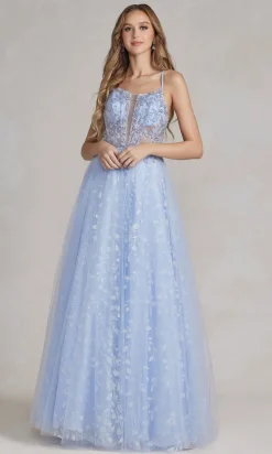 Periwinkle Sheer-Bodice Long A-Line Prom Dress