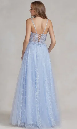 Periwinkle Sheer-Bodice Long A-Line Prom Dress
