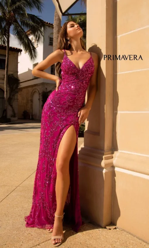 Primavera Deep V-Back Long Sequin Prom Dress 3913