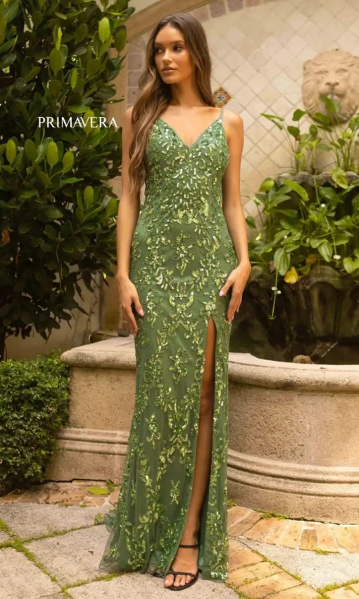 Primavera Deep V-Back Long Sequin Prom Dress 3913