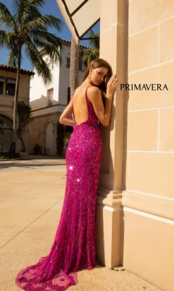 Primavera Deep V-Back Long Sequin Prom Dress 3913