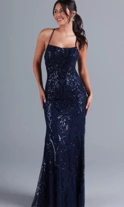Sequin-Print Long Formal Dress with Statement Back