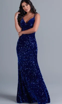 Sequin-Velvet Open-Back Long Formal Dress