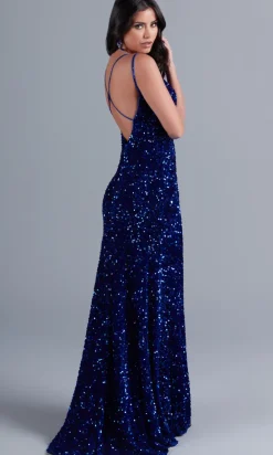Sequin-Velvet Open-Back Long Formal Dress