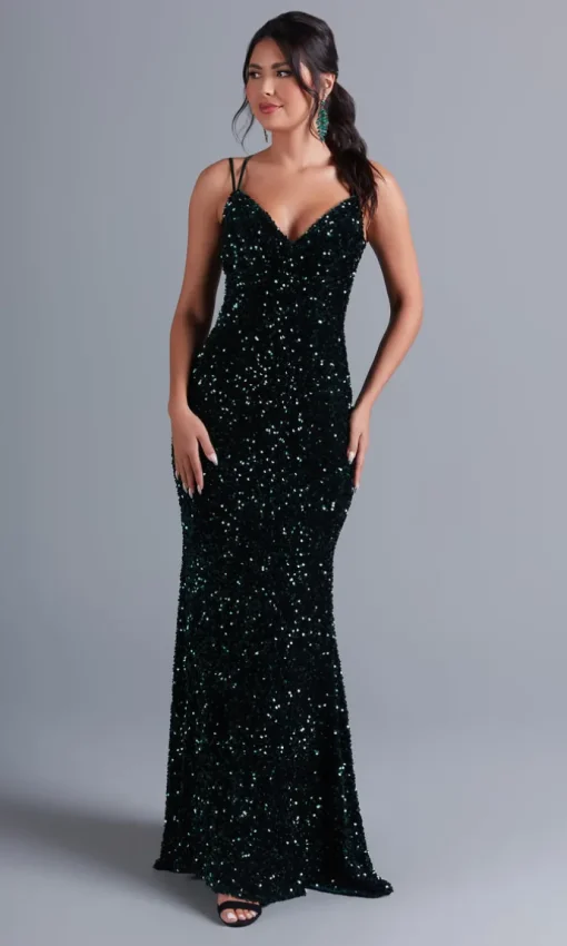 Sequin-Velvet Open-Back Long Formal Dress