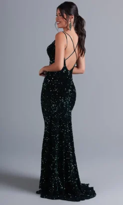 Sequin-Velvet Open-Back Long Formal Dress