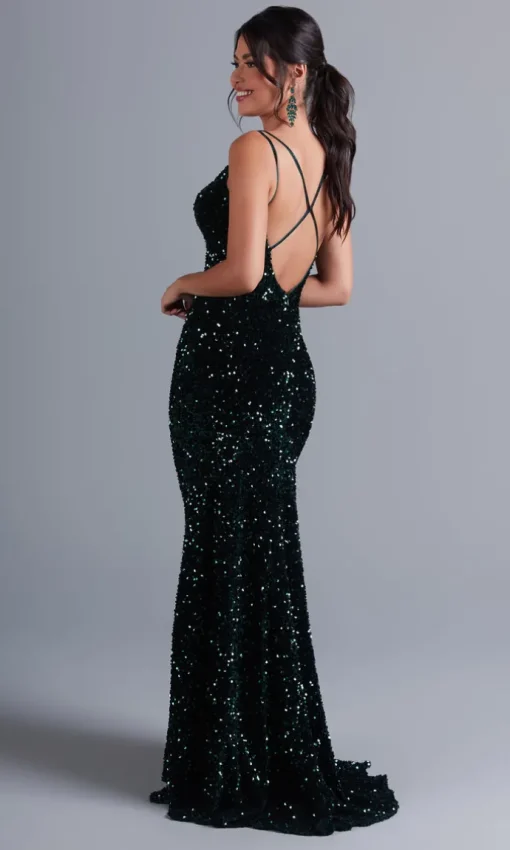 Sequin-Velvet Open-Back Long Formal Dress