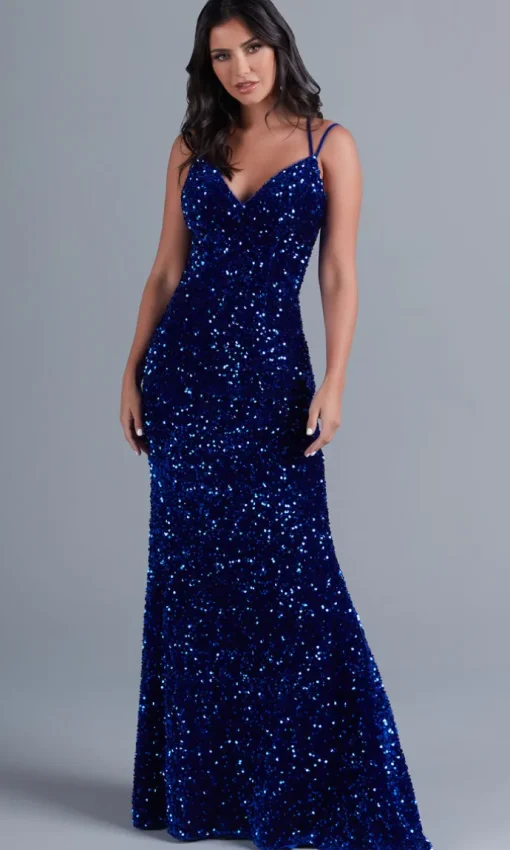 Sequin-Velvet Open-Back Long Formal Dress
