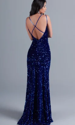Sequin-Velvet Open-Back Long Formal Dress