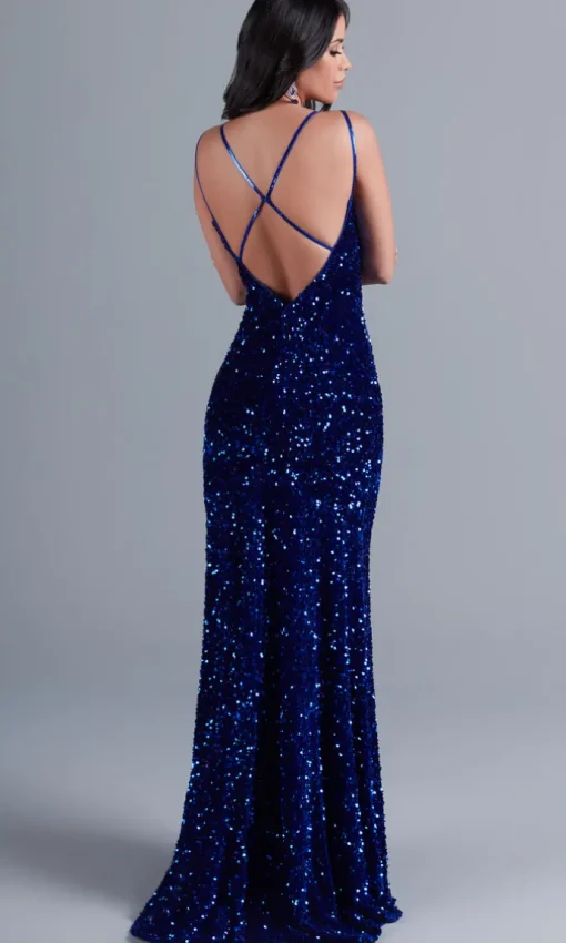 Sequin-Velvet Open-Back Long Formal Dress