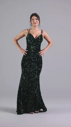 Sequin-Velvet Open-Back Long Formal Dress