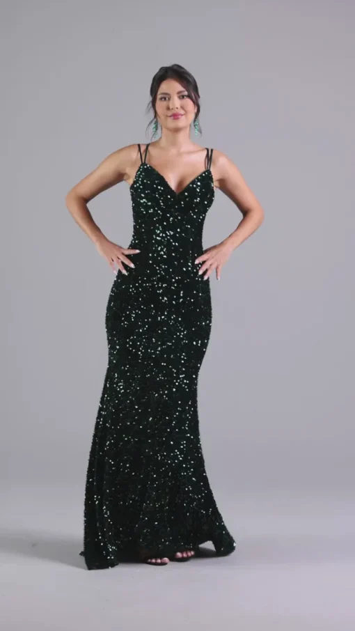 Sequin-Velvet Open-Back Long Formal Dress