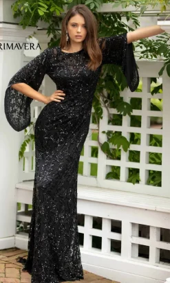 Sheer-Back Beaded Formal Dress with Sleeves 9713