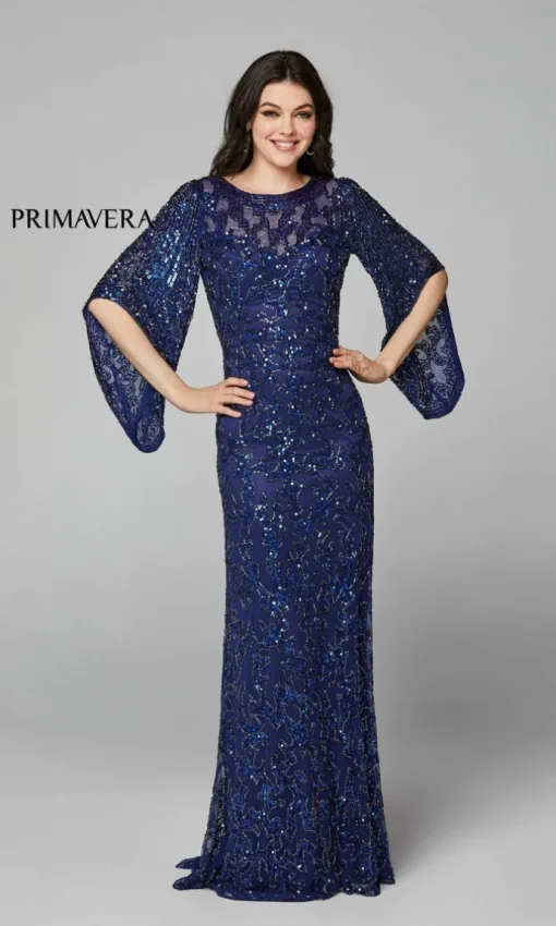 Sheer-Back Beaded Formal Dress with Sleeves 9713
