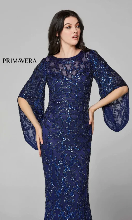 Sheer-Back Beaded Formal Dress with Sleeves 9713