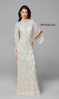Sheer-Back Beaded Formal Dress with Sleeves 9713