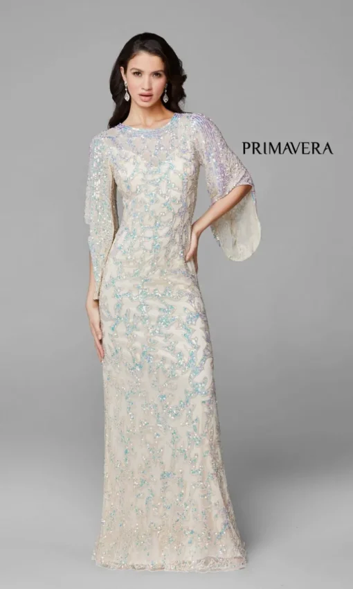 Sheer-Back Beaded Formal Dress with Sleeves 9713