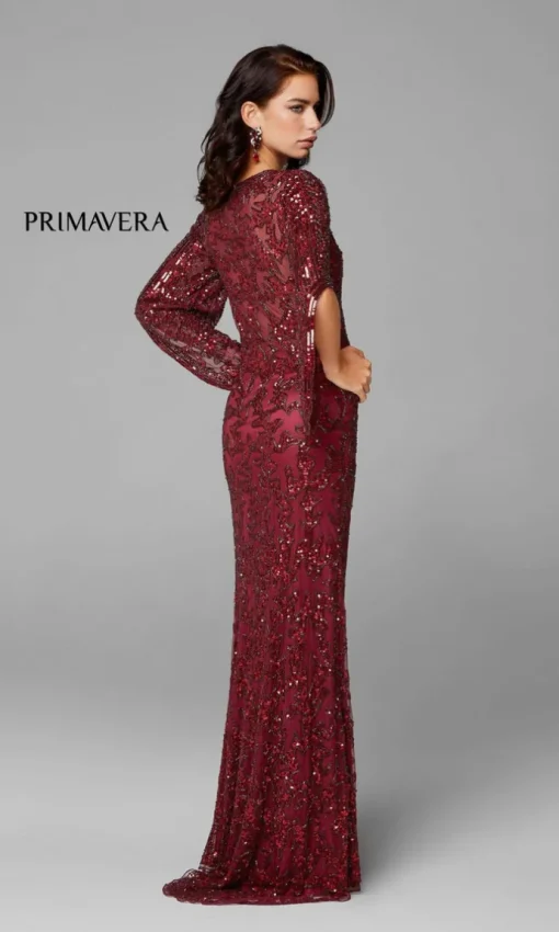 Sheer-Back Beaded Formal Dress with Sleeves 9713
