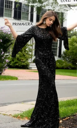 Sheer-Back Beaded Formal Dress with Sleeves 9713