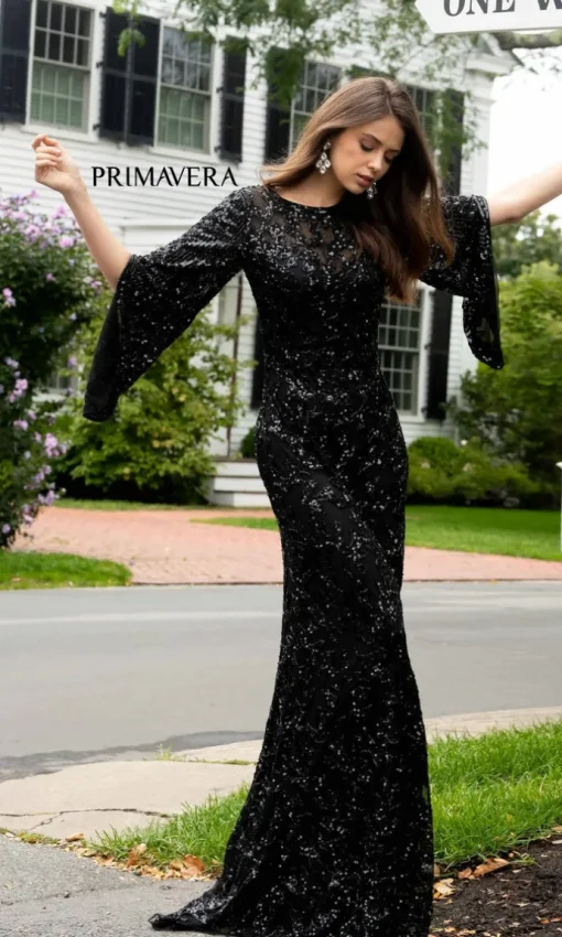 Sheer-Back Beaded Formal Dress with Sleeves 9713