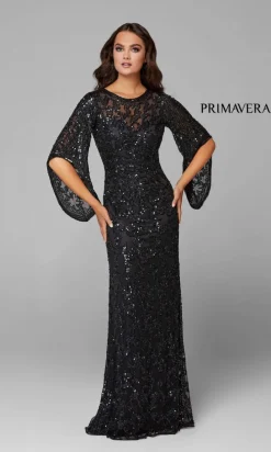 Sheer-Back Beaded Formal Dress with Sleeves 9713